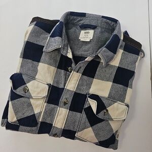 Men's Vans Flannel Shacket with Corduroy Elbow Patches- Navy & White Plaid - M -